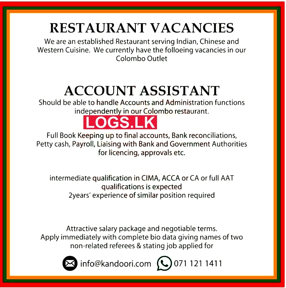 Accounts Assistant Job Vacancy at Kandoori Restaurant Job Vacancies