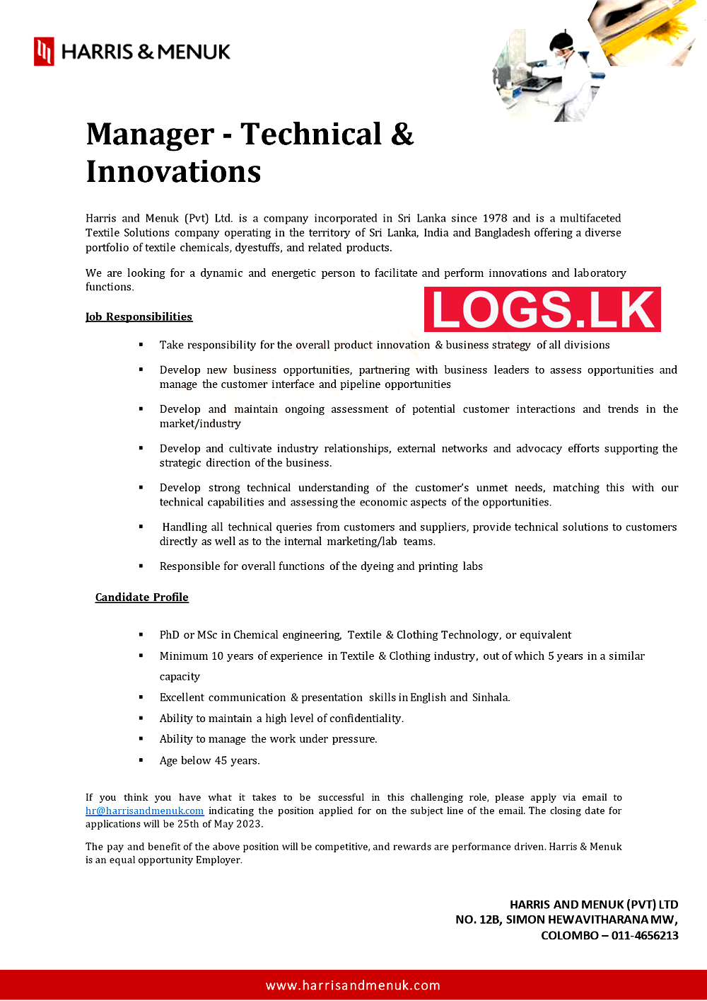 Manager (Technical & Innovations) Job at Harris & Menuk (Pvt) Ltd Job Vacancies