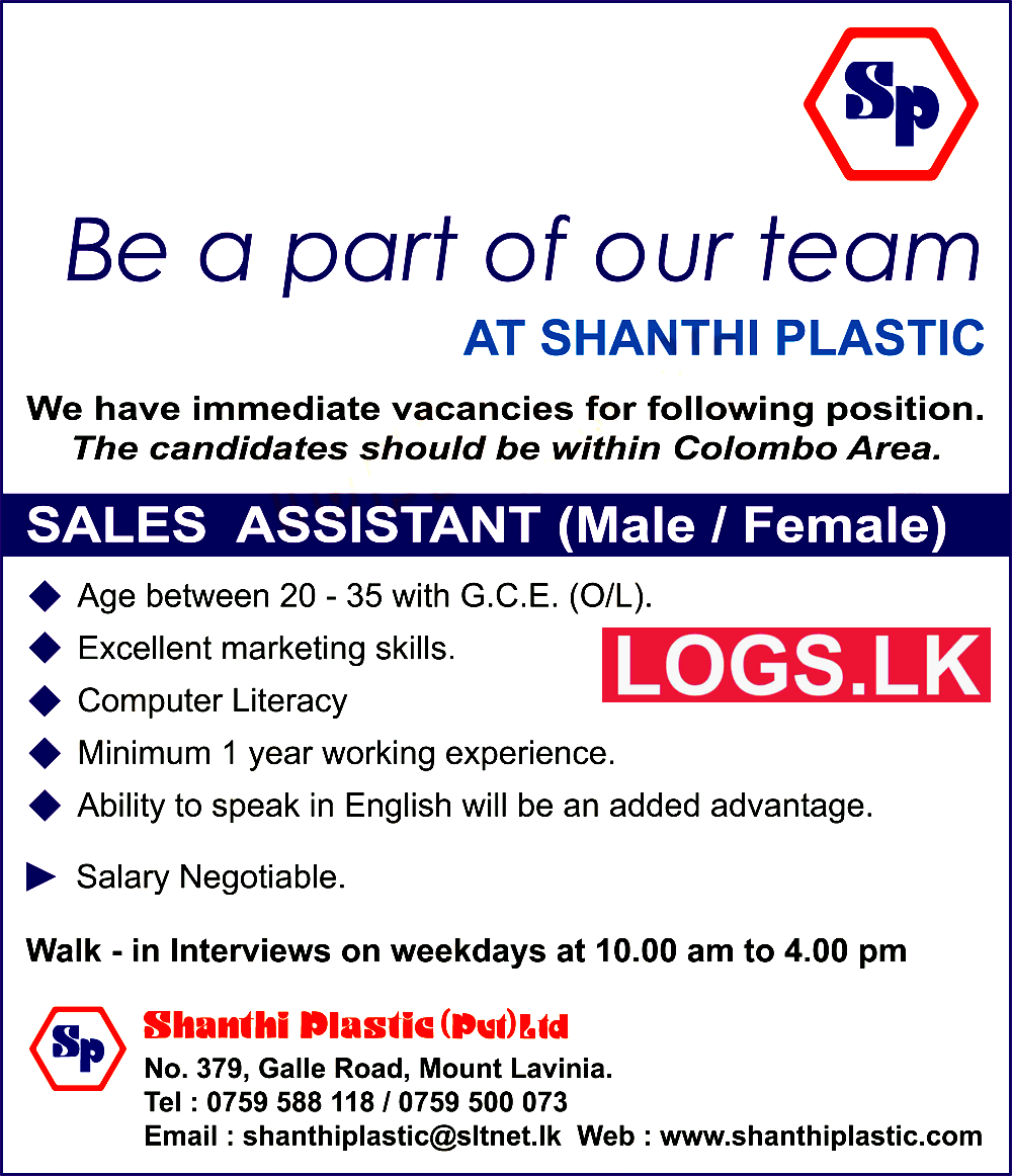 Sales Assistant Job Vacancy at Shanthi Plastic (Pvt) Ltd Job Vacancies
