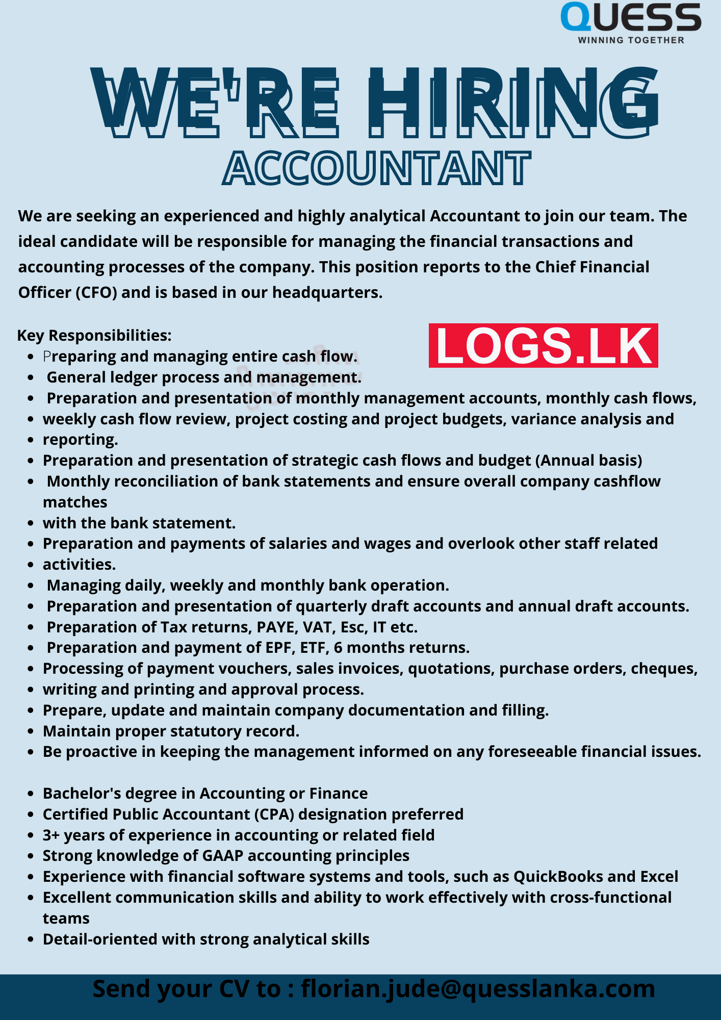 Accountant Job Vacancy at Quess Corp Lanka (Pvt) Ltd Job Vacancies