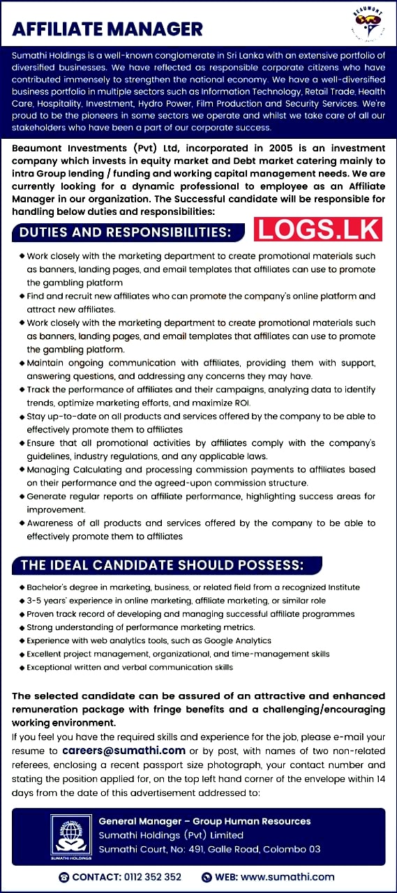 Affiliate Marketing Manager Vacancy at Sumathi Group Company Job Vacancies