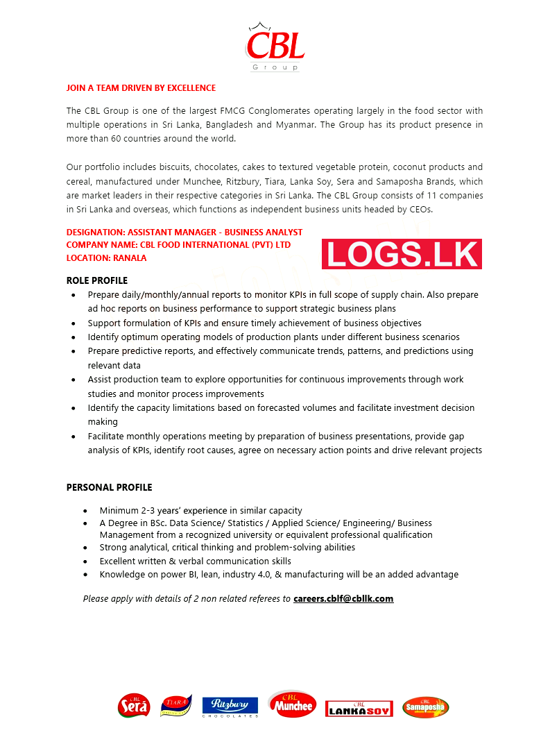 Assistant Manager Vacancy at CBL Foods International (Pvt) Ltd Job Vacancies