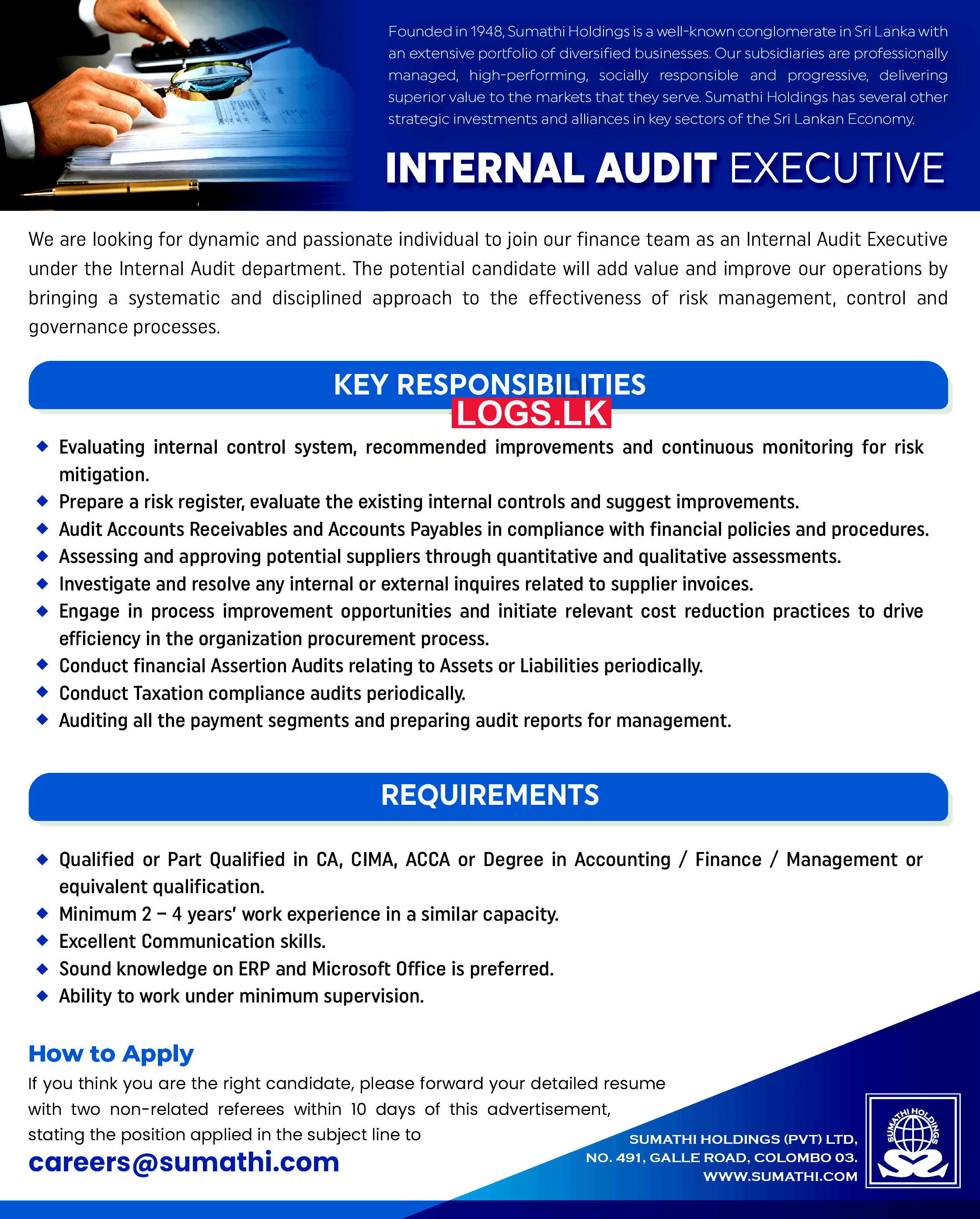 Internal Audit Executive Vacancy at Sumathi Group Company Job Vacancies