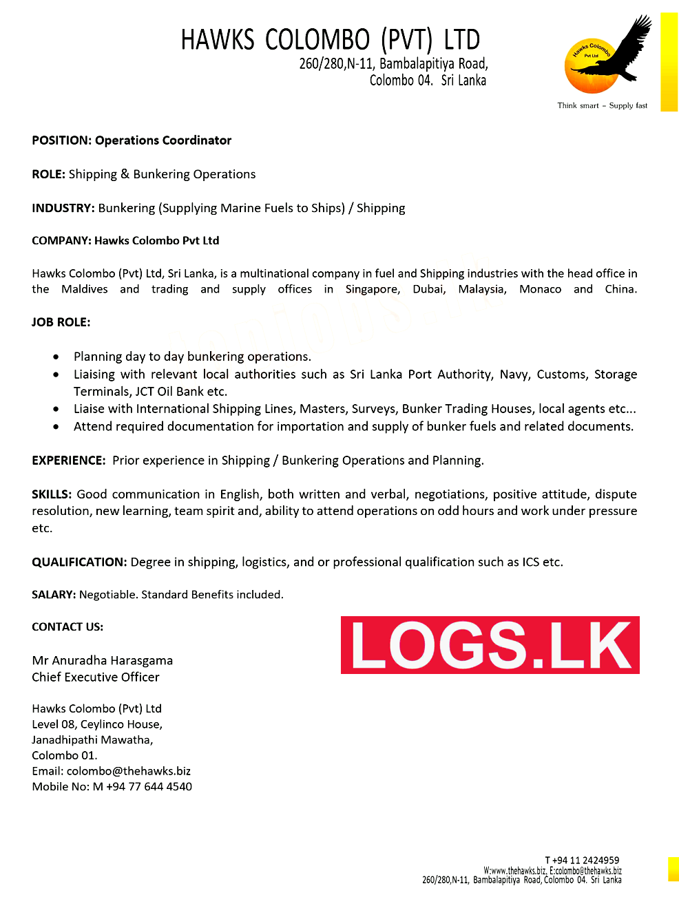 Operations Coordinator Vacancy at Hawks Colombo (Pvt) Ltd Job Vacancies
