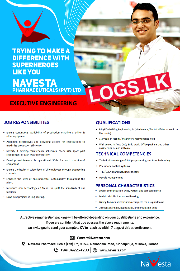 Engineering Executive Vacancy at Navesta Pharmaceutical (Pvt) Ltd Job Vacancies