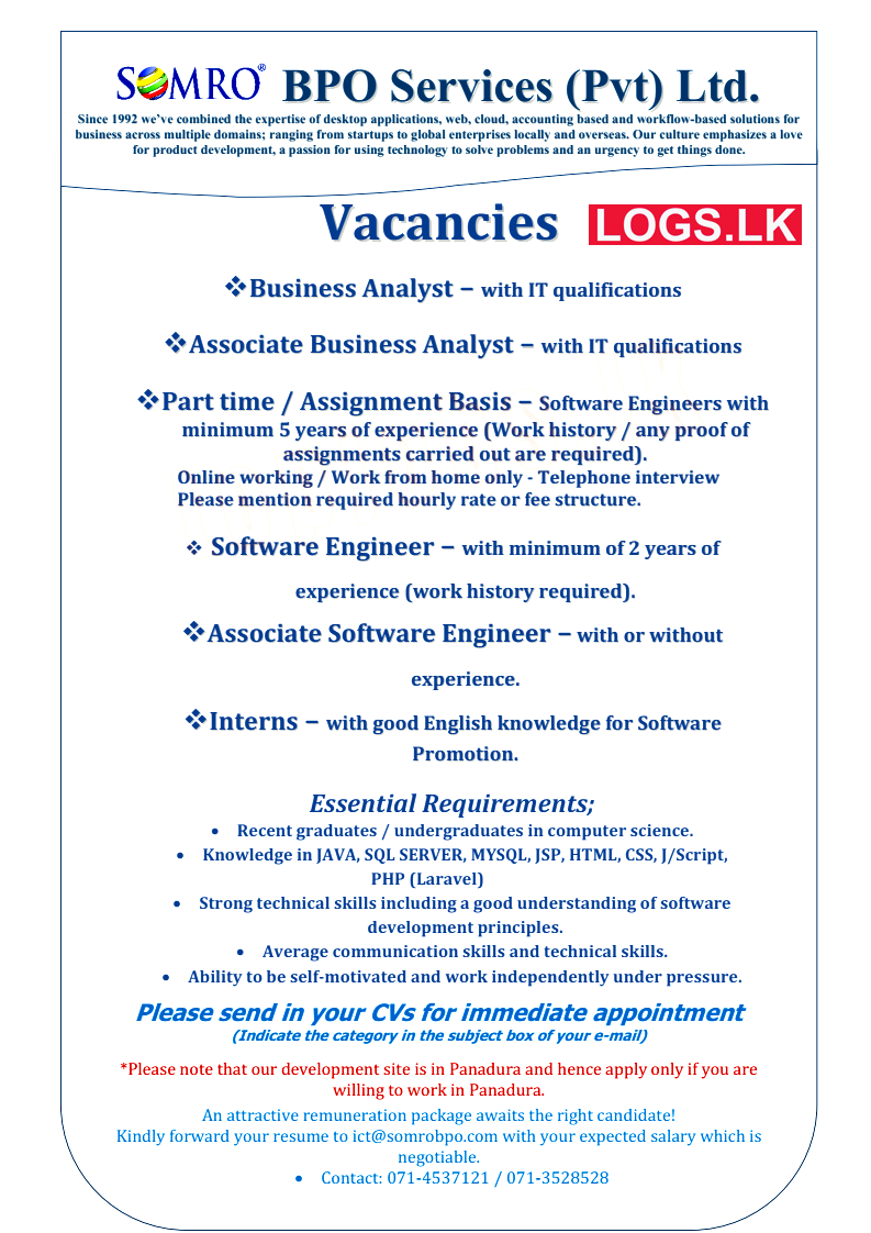 IT Job Vacancies at Somro BPO Services (Pvt) Ltd Job Vacancies