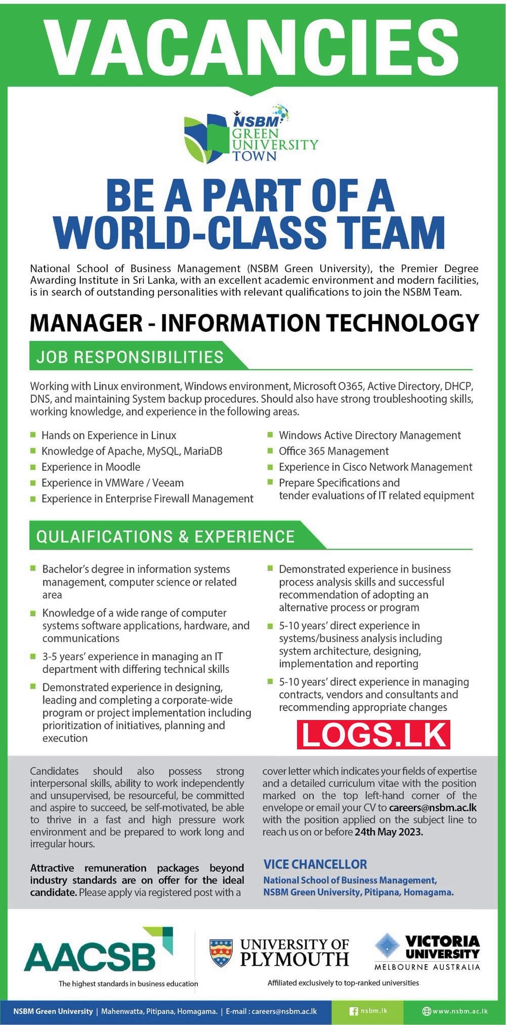 Manager (IT) Job Vacancy at NSBM Green University Job Vacancies