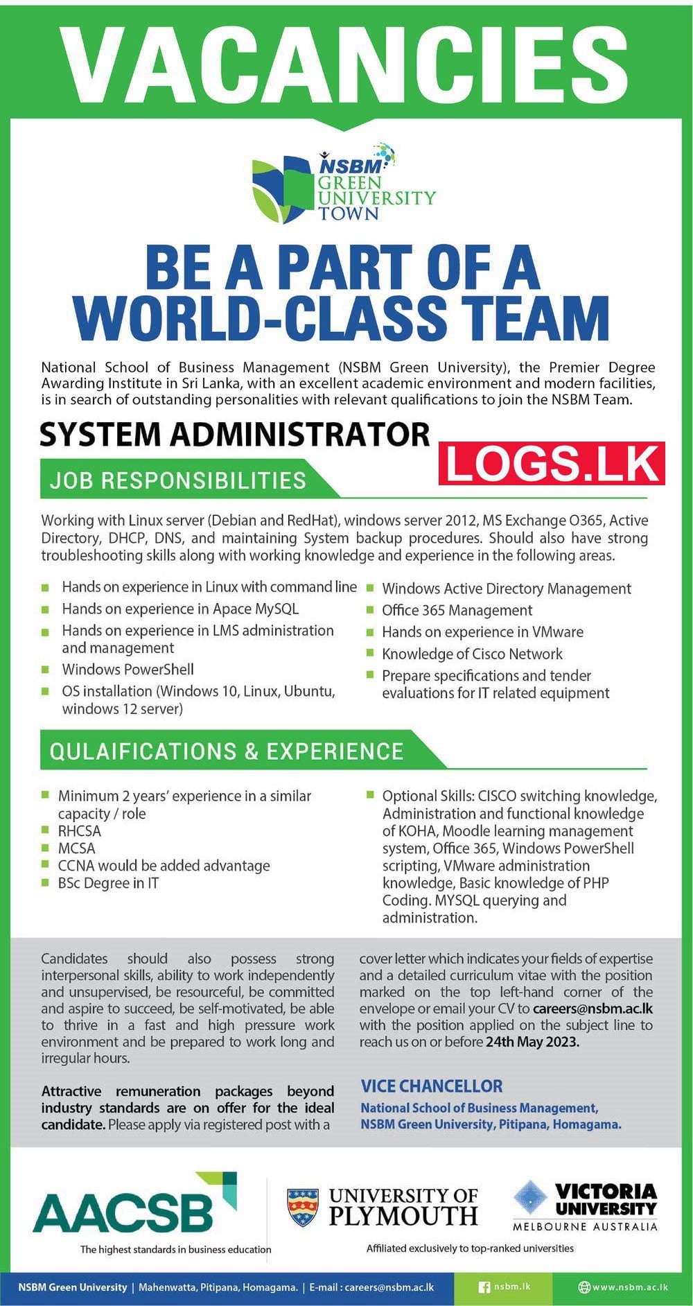 System Administrator Job Vacancy at NSBM Green University Job Vacancies in Sri Lanka