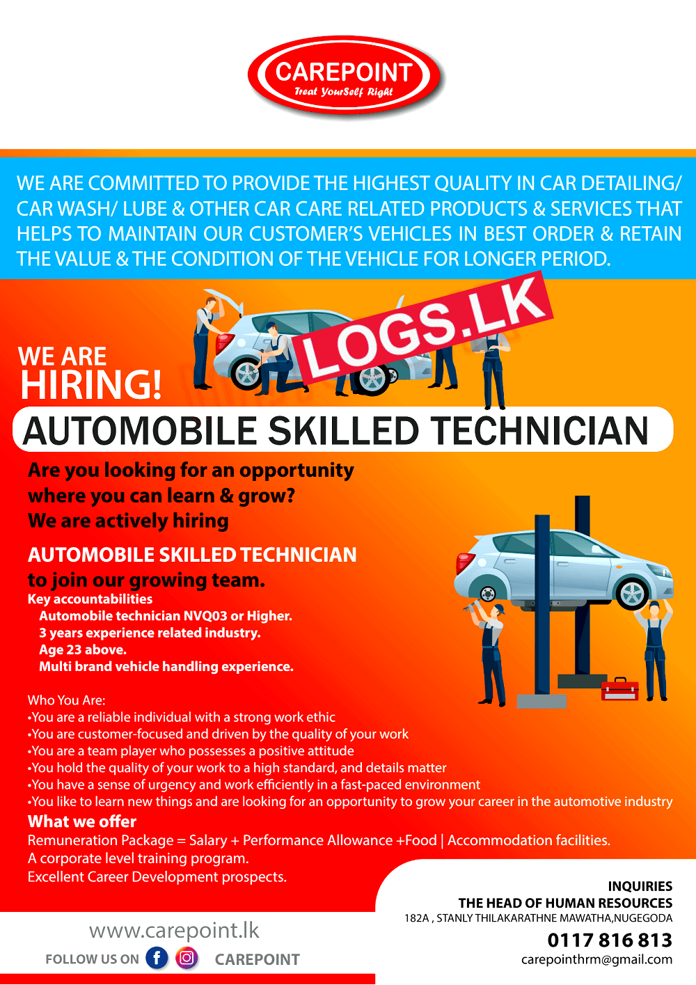 Automobile Skilled Technician Job Vacancy at Carepoint (Pvt) Ltd Job Vacancies in Sri Lanka