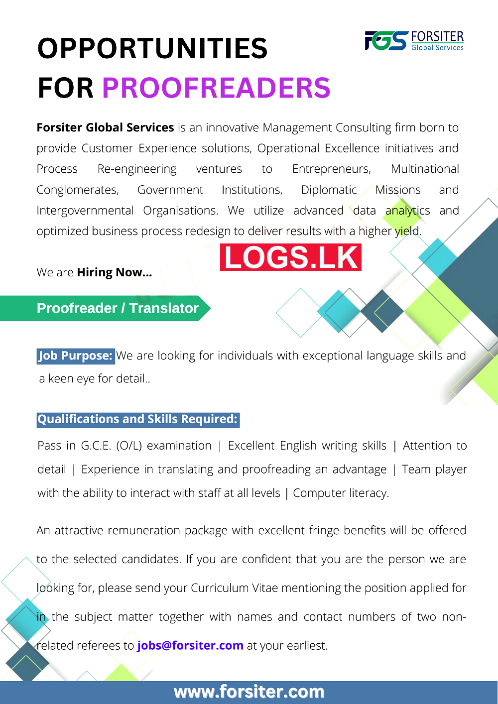 Proofreader / Translator Job Vacancies at Forsiter Global Services Job Vacancies