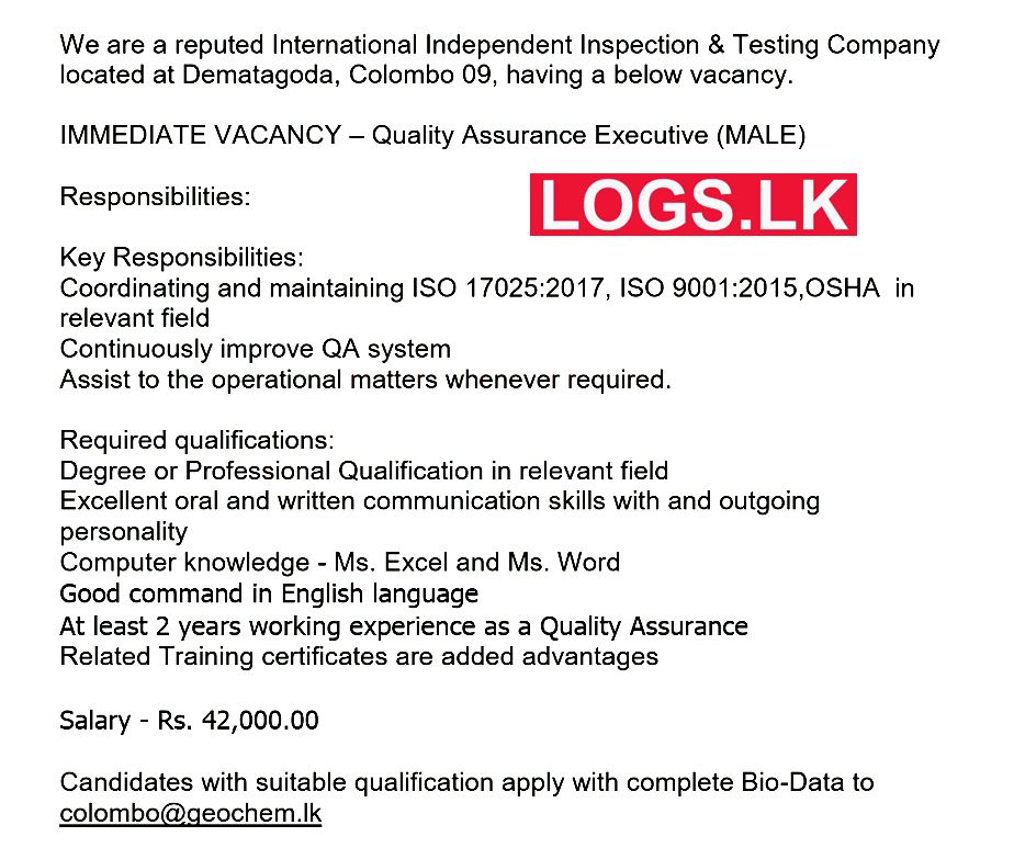 Quality Assurance Executive Vacancy at GEO-CHEM Lanka (Pvt) Ltd Job Vacancies