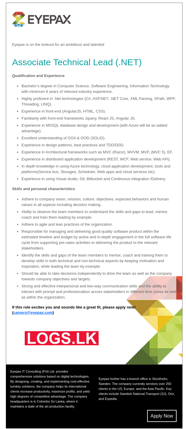 Associate Technical Lead (.NET) Vacancy at Eyepax IT Consulting Job Vacancies