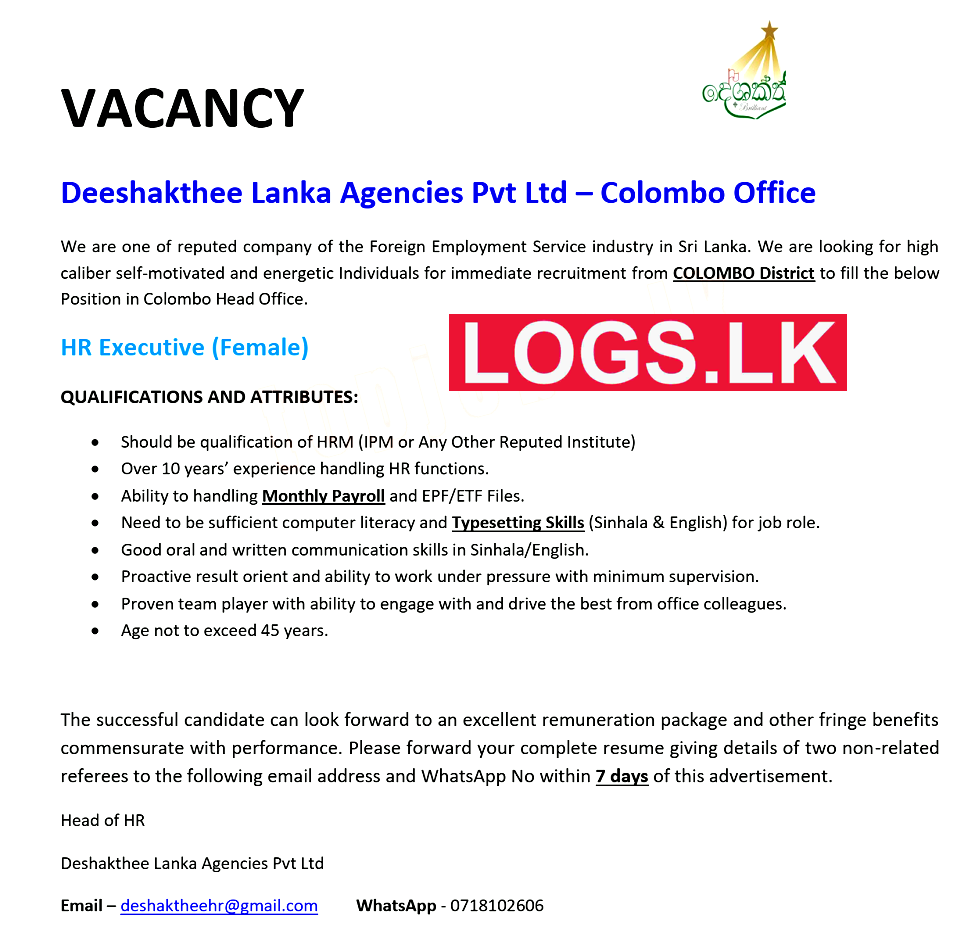 HR Executive (Female) Job at Deeshakthee Lanka Agencies (Pvt) Ltd Job vacancies