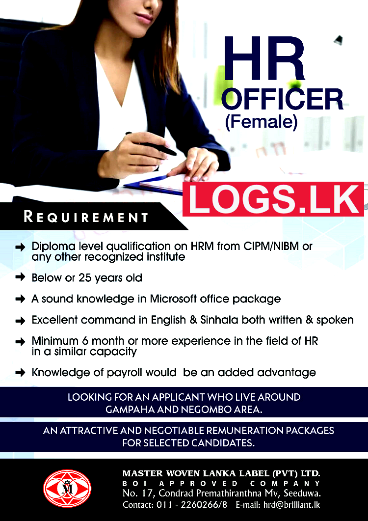 HR Officer (Female) Vacancy at Master Woven Lanka Label (Pvt) Ltd Job Vacancies
