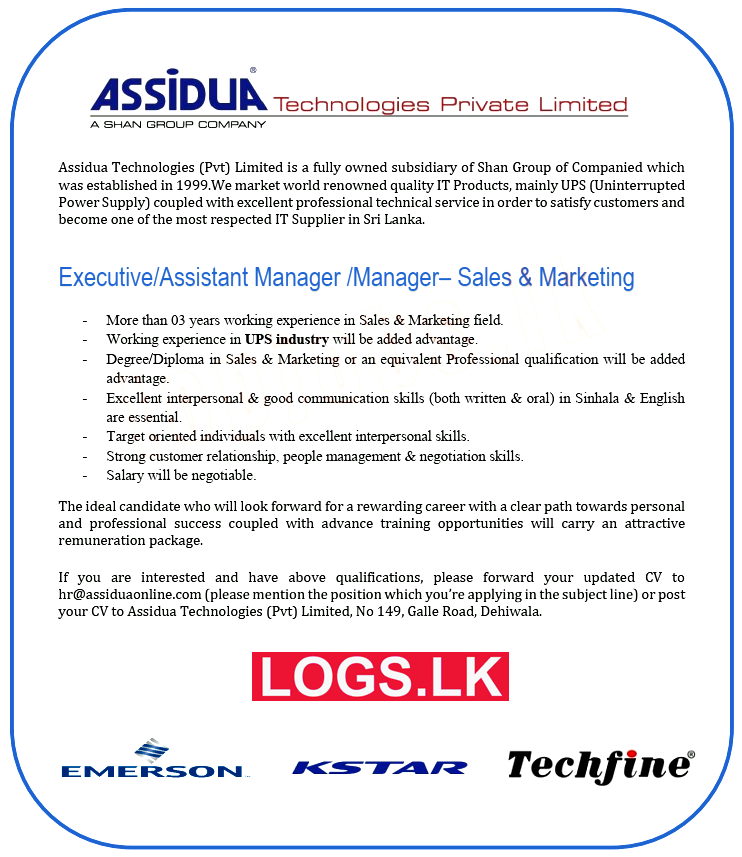 Assistant Manager / Manager Vacancies at Assidua Technologies Job Vacancies