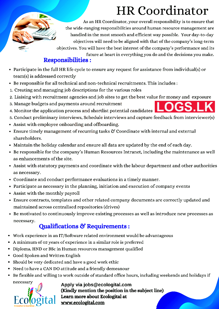HR Coordinator Job Vacancy at Ecologital Sri Lanka Job Vacancies