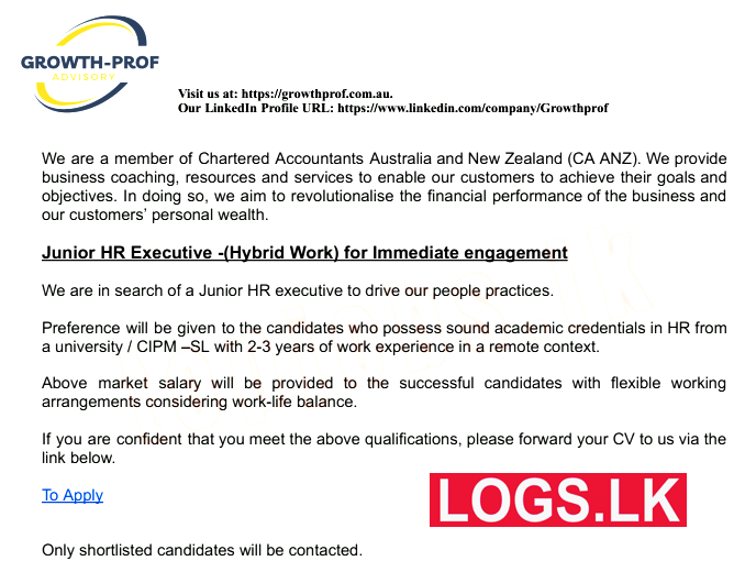 Junior HR Executive Job Vacancy at Growth Prof Job Vacancies