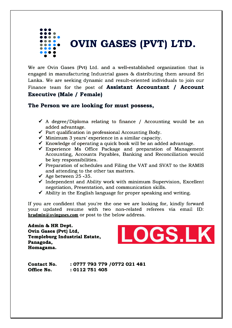 Assistant Accountant Job Vacancy at Ovin Gases (Pvt) Ltd Job Vacancies