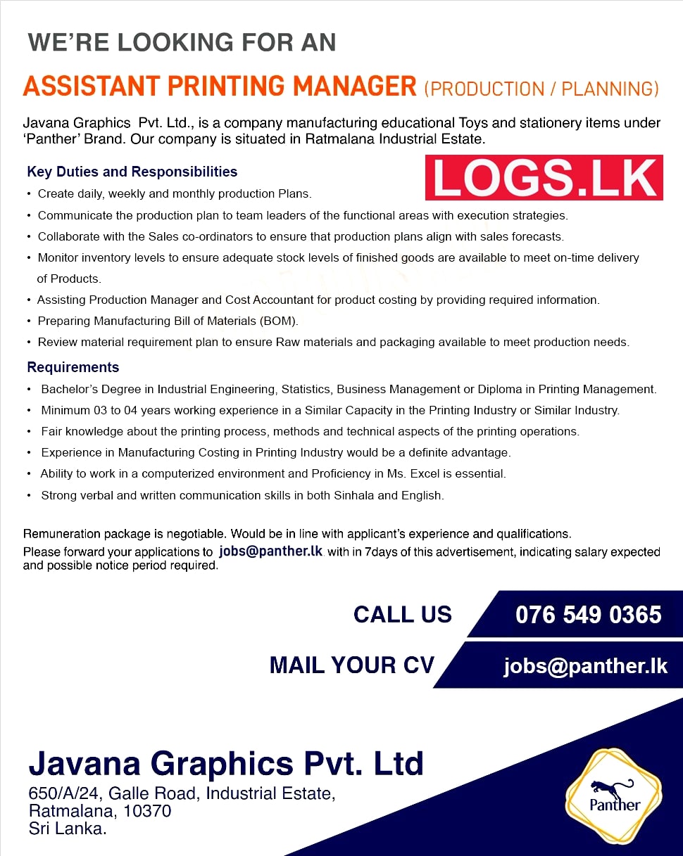Assistant Printing Manager Job Vacancy at Javana Graphics (Pvt) Ltd Job Vacancies