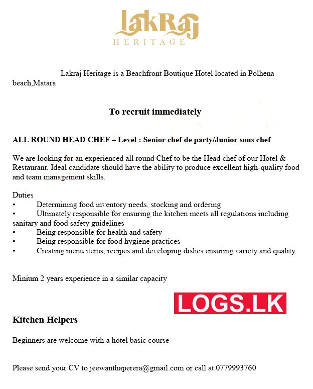 Chef / Kitchen Helpers Job Vacancies at Lakraj Heritage Hotel Job Vacancies