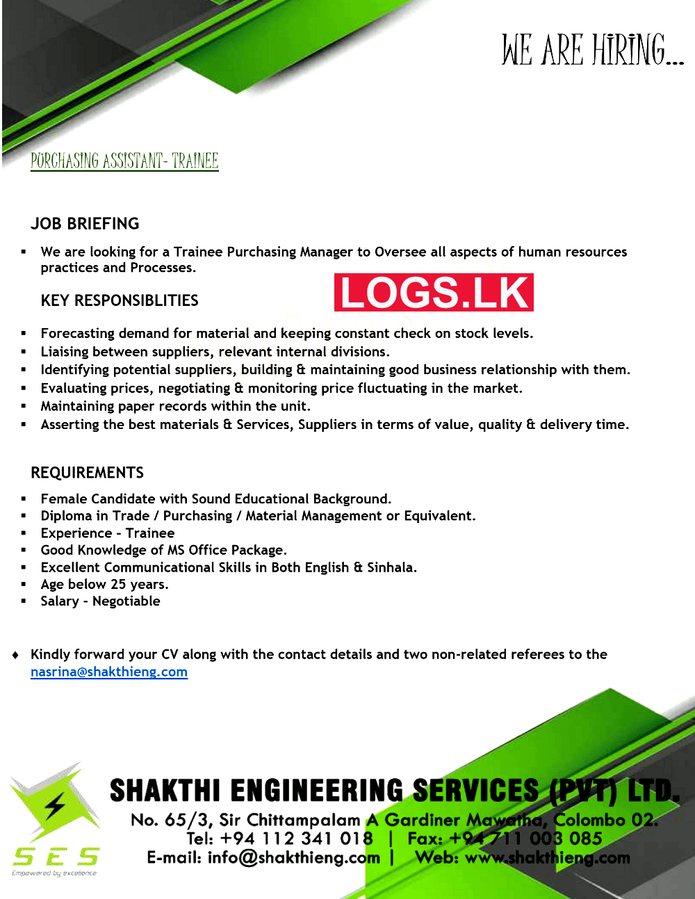 Purchasing Assistant Job Vacancy at Shakthi Engineering Services (Pvt) Ltd Job Vacancies
