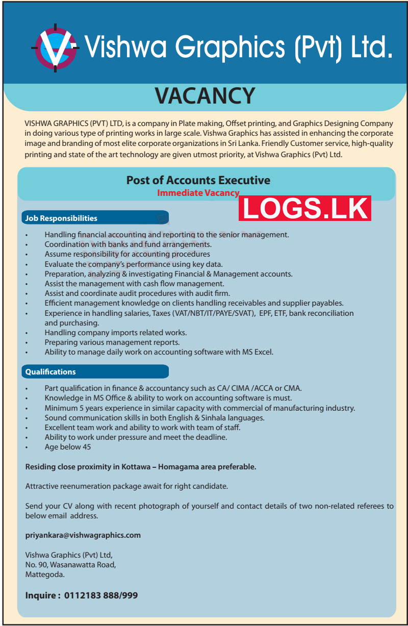 Accounts Executive Job Vacancy at Vishwa Graphics (Pvt) Ltd Job Vacancies