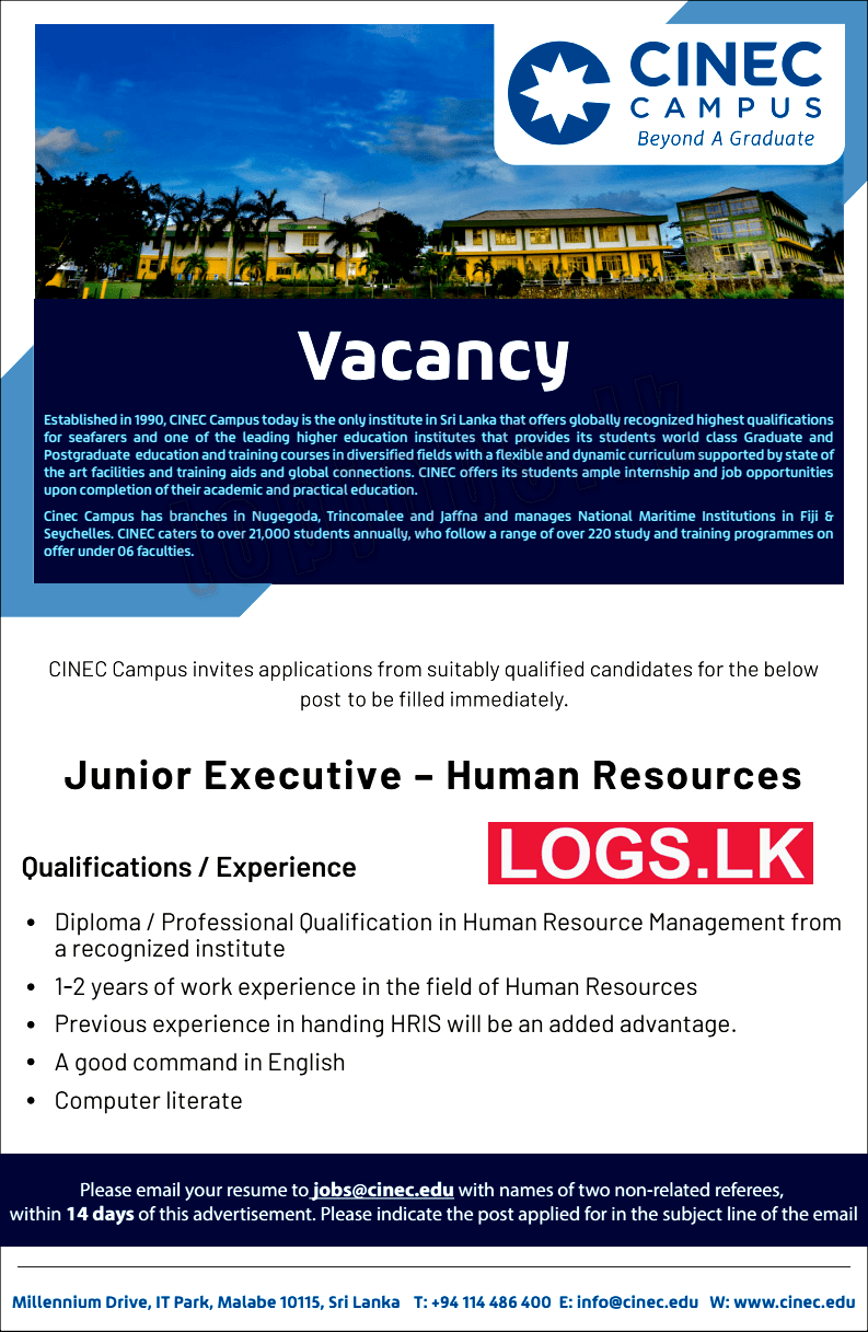 Junior Executive (Human Resources) Vacancy at CINEC Campus Job Vacancies