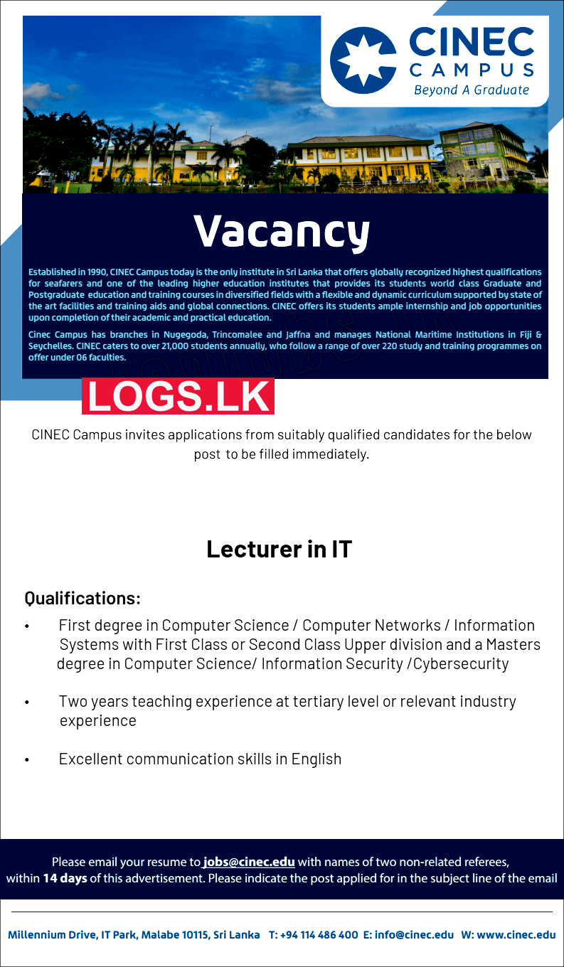 Lecturer in IT Job Vacancy at CINEC Campus Job Vacancies
