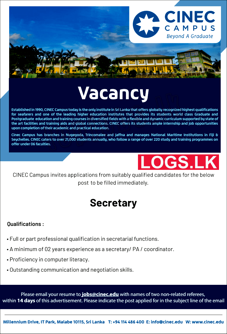 Secretary Job Vacancy at CINEC Campus Job Vacancies