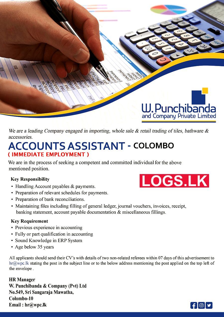Accounts Assistant Vacancy at W. Punchibanda & Co. (Pvt) Ltd Job Vacancies