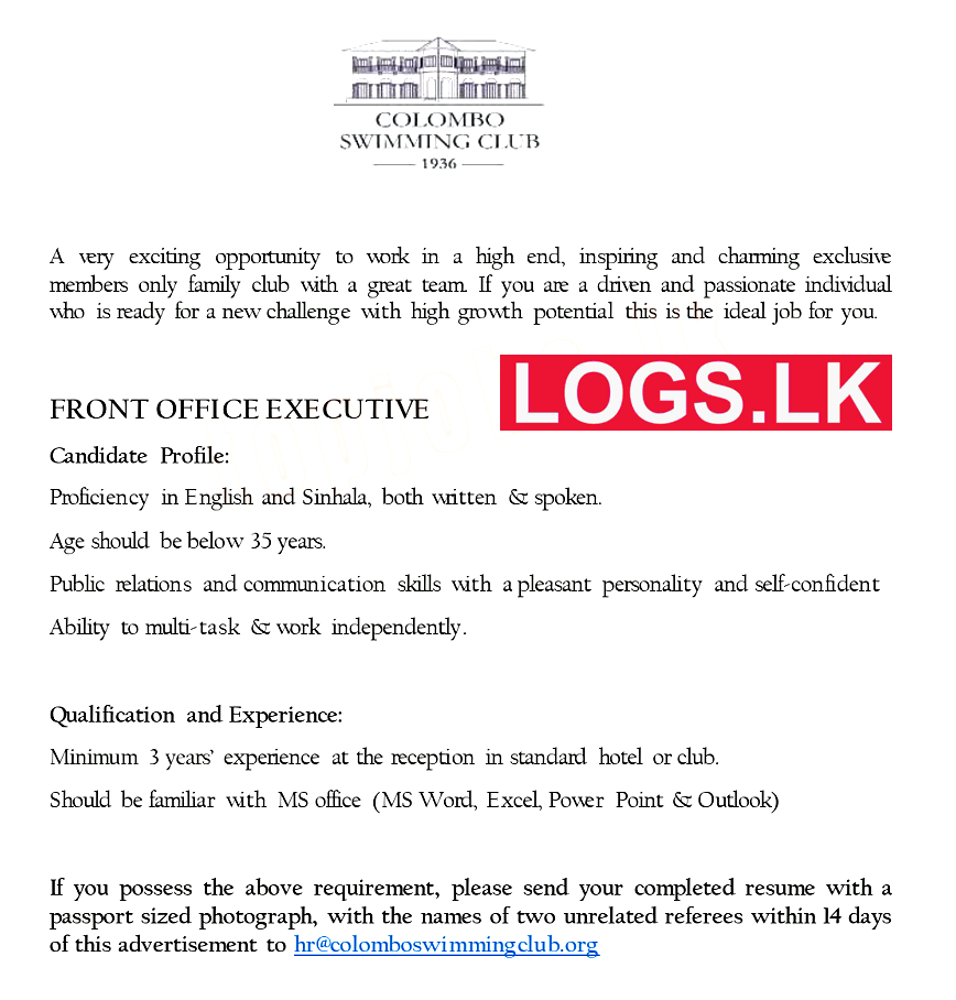 Front Office Executive Job Vacancy Colombo Swimming Club Job Vacancies