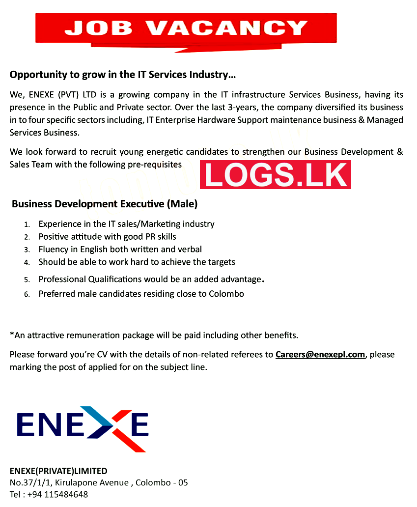 Business Development Executive (Male) Vacancy at Enexe (Pvt) Ltd Job Vacancies
