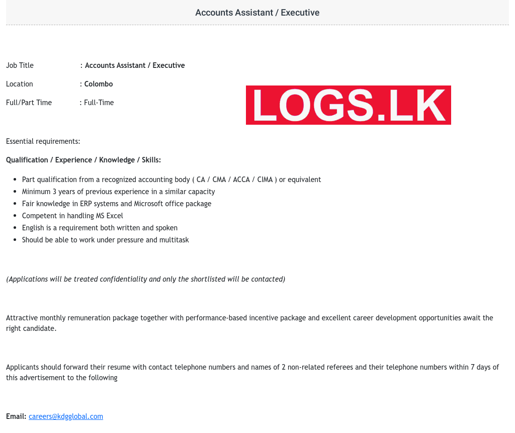Accounts Assistant / Executive Vacancies at KDG GLOBAL Job Vacancies