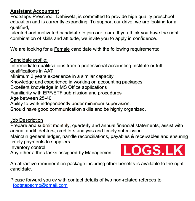 Assistant Accountant Job Vacancy at Footsteps Preschool Job Vacancies