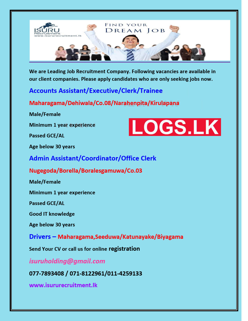Accounts Assistant / Executive / Clerk / Trainee Jobs at Isuru Recruitments Job Vacancies