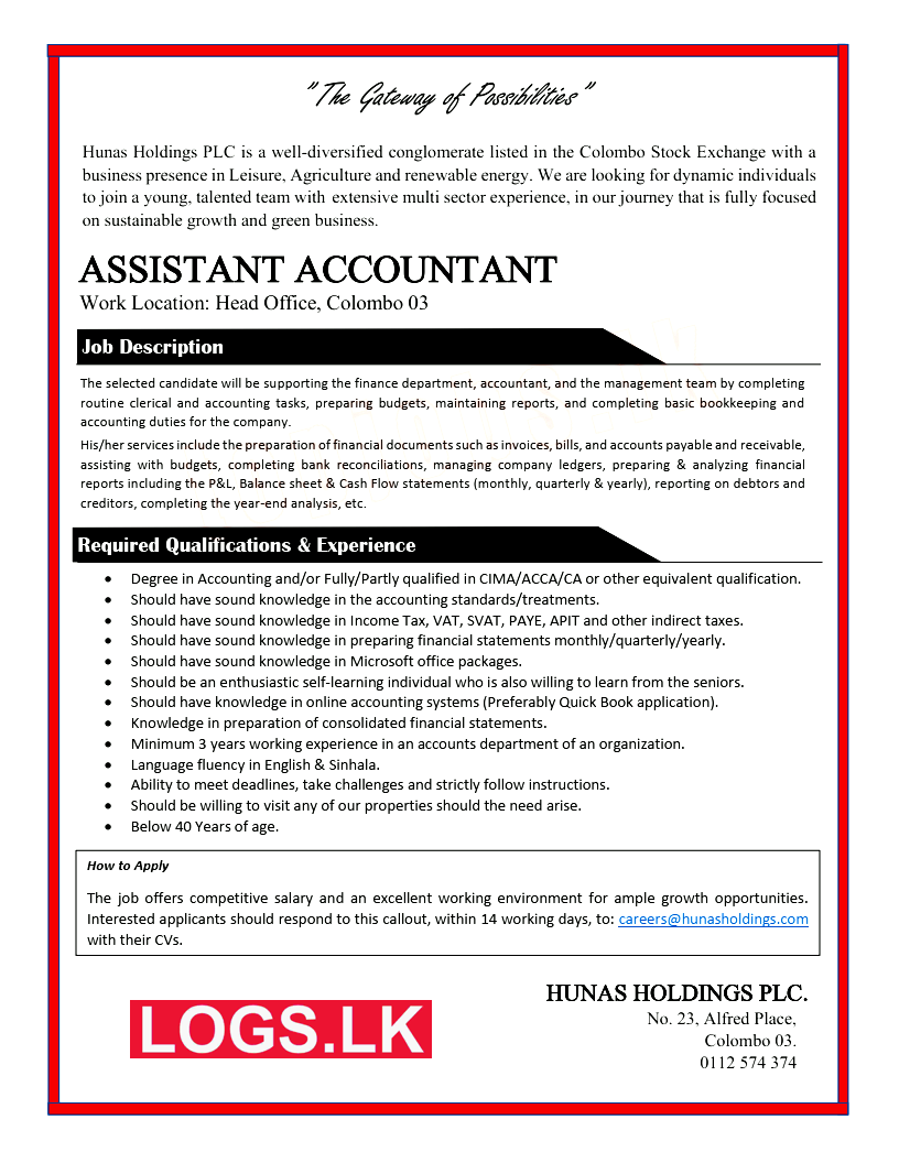 Assistant Accountant Job Vacancy at Hunas Holdings PLC Job Vacancies