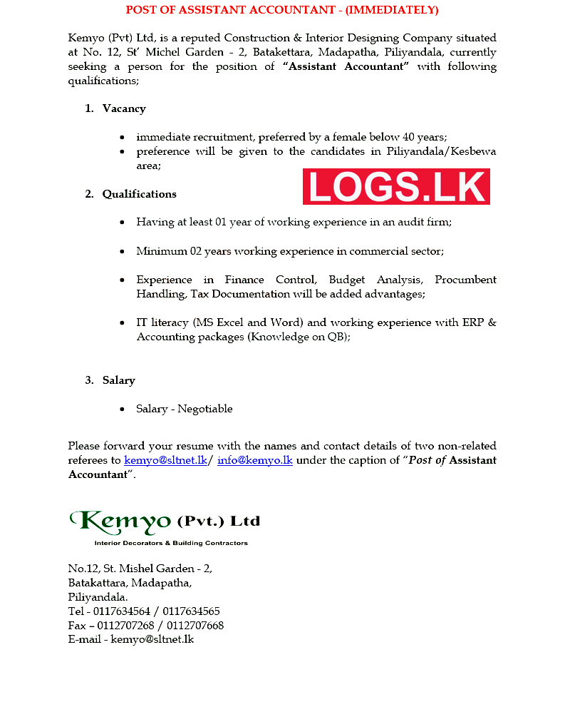 Assistant Accountant Job Vacancy at Kemyo (Pvt) Ltd Job Vacancies