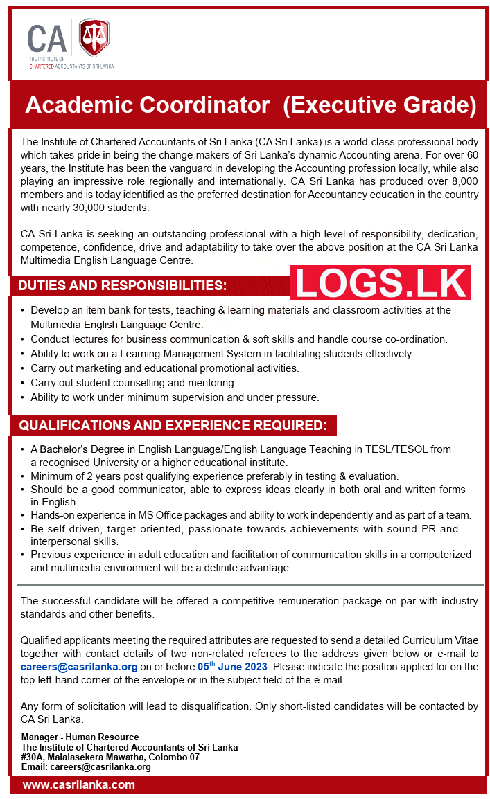 Academic Coordinator (Executive Grade) Vacancy at CA Sri Lanka Job Vacancies
