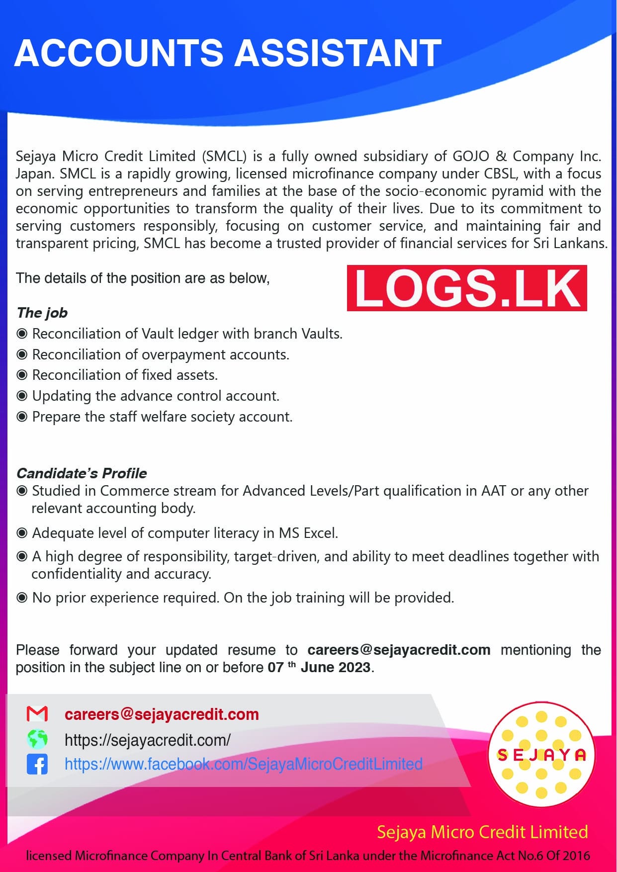 Accounts Assistant Job Vacancy at Sejaya Micro Credit Limited Job Vacancies