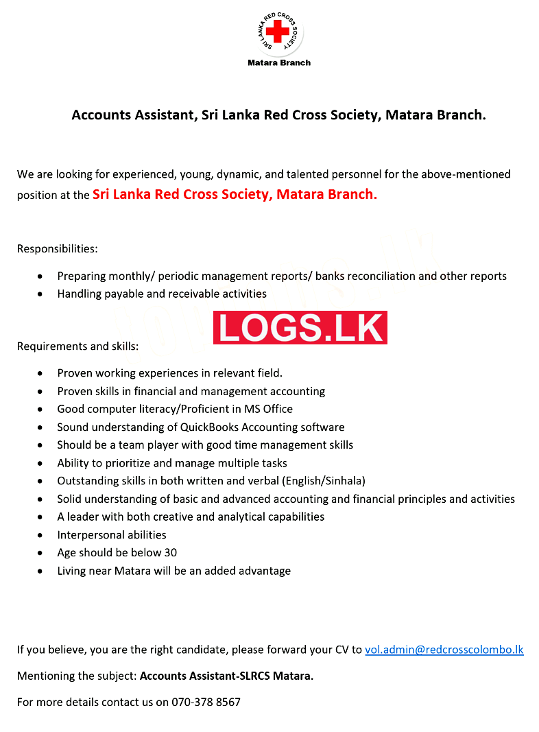 Accounts Assistant Job Vacancy at Sri Lanka Red Cross Job Vacancies