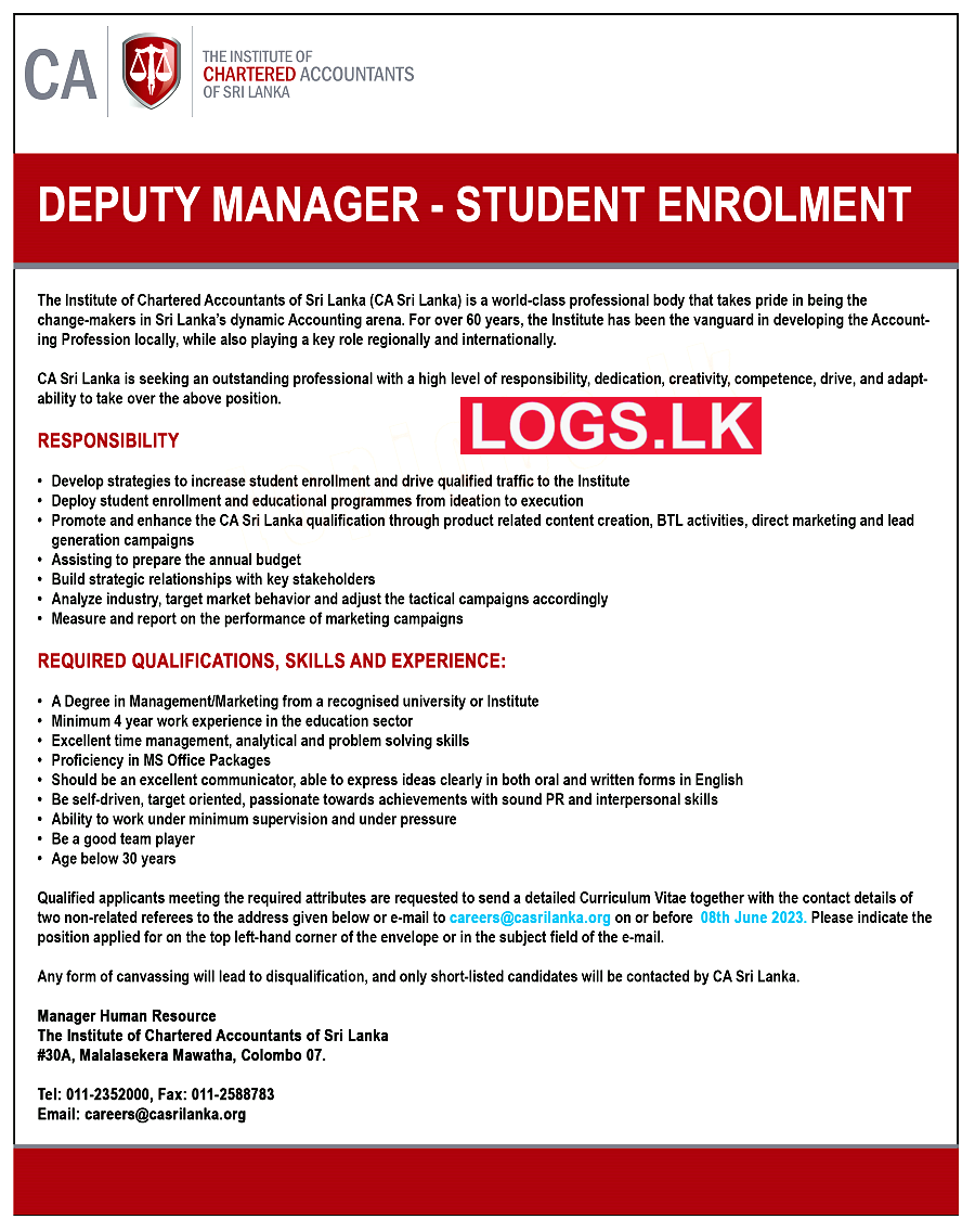 Deputy Manager (Student Enrolment) Job Vacancy at CA Sri Lanka Job Vacancies