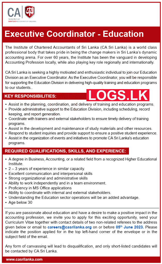 Executive Coordinator (Education) Job Vacancy at CA Sri Lanka Job Vacancies