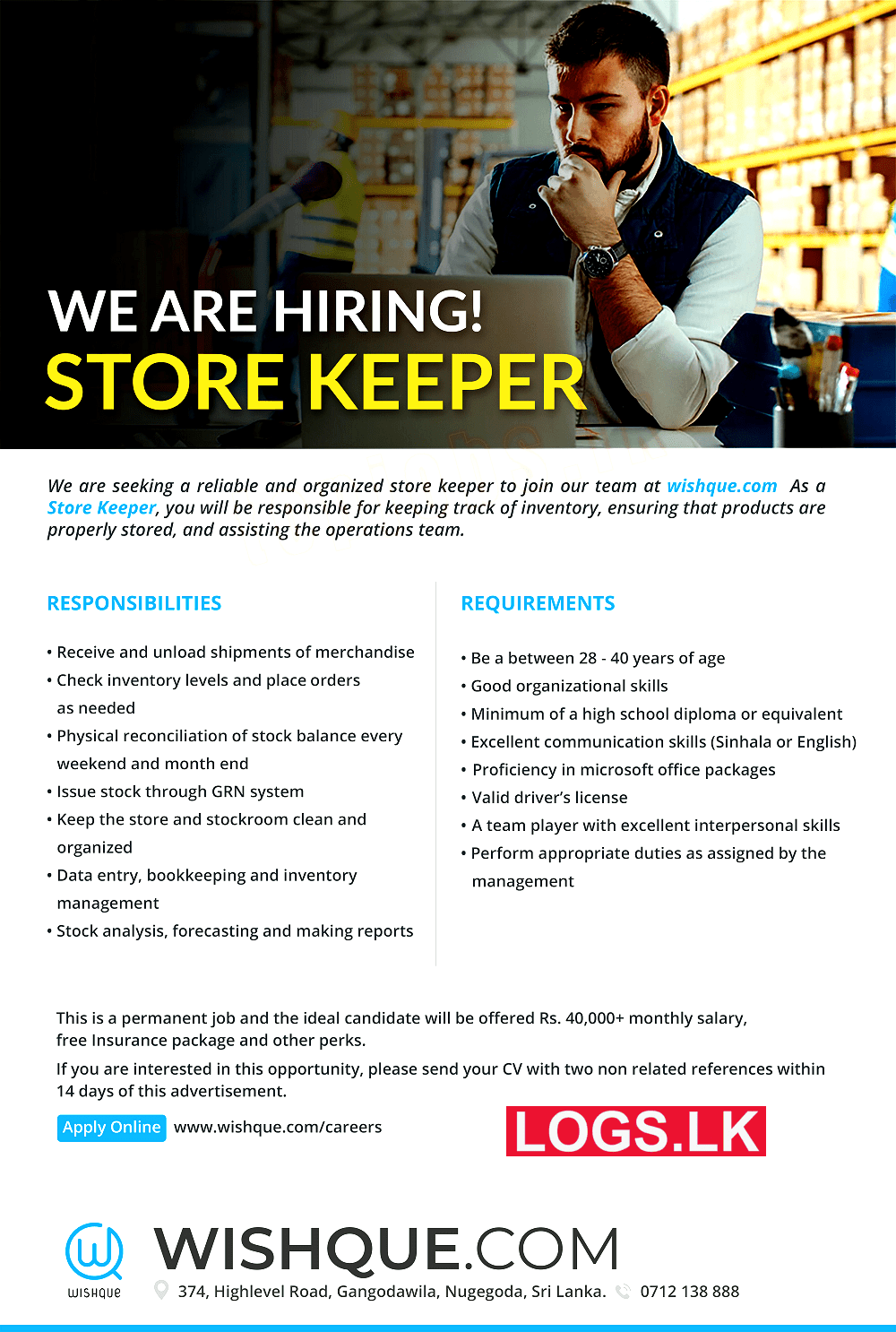 Store Keeper Job Vacancy at WishQue.com Job Vacancies