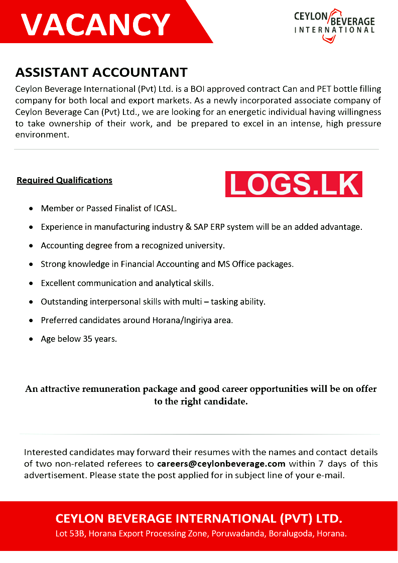 Assistant Accountant Job Vacancy at Ceylon Beverage International (Pvt) Ltd Job Vacancies
