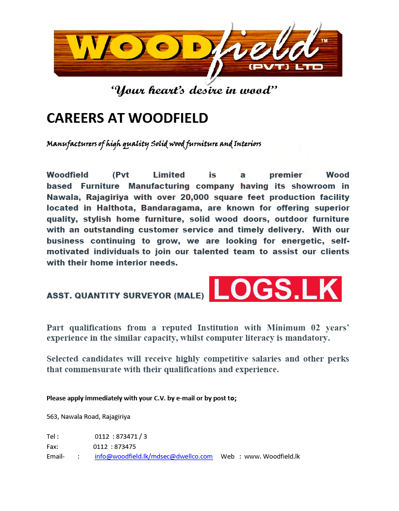 Assistant Quantity Surveyor (Male) Job Vacancy at Woodfield (Pvt) Ltd Job Vacancies