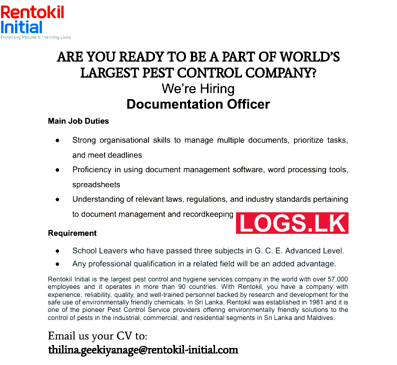 Documentation Officer Job Vacancy at Rentokil Initial Sri Lanka Job Vacancies