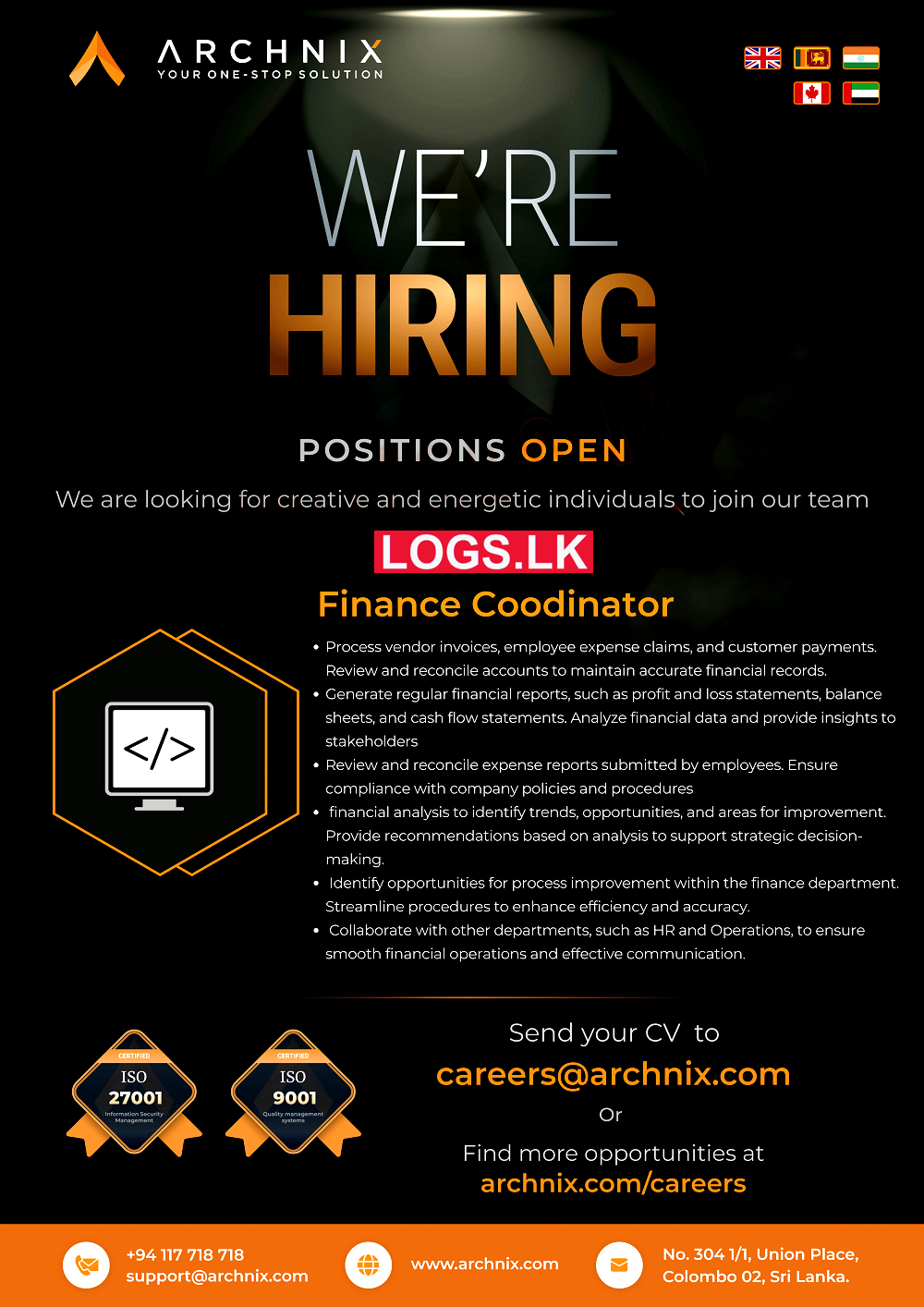 Finance Coordinator Job Vacancy at Archnix (Pvt) Ltd Job Vacancies
