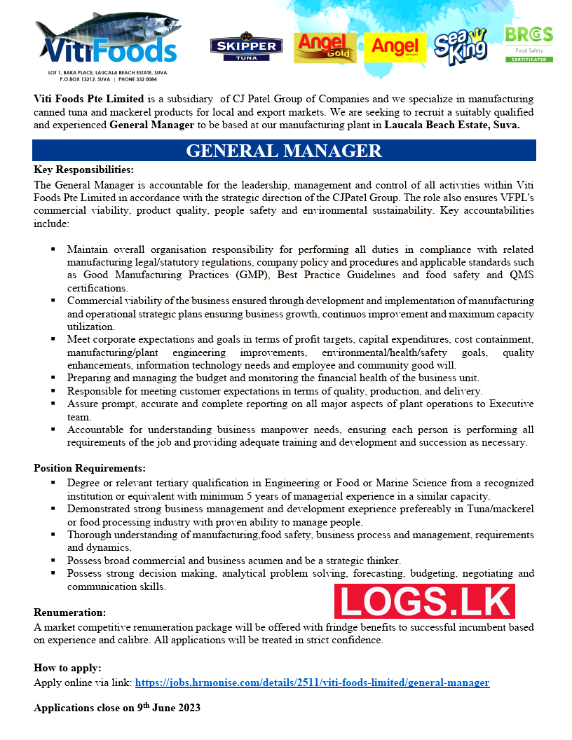 General Manager Job Vacancy at Viti Foods Pte Limited Job Vacancies