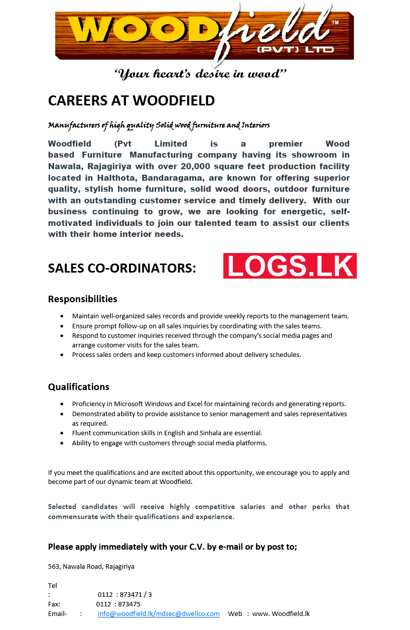 Sales Coordinators Job Vacancies at Woodfield (Pvt) Ltd Job Vacancies