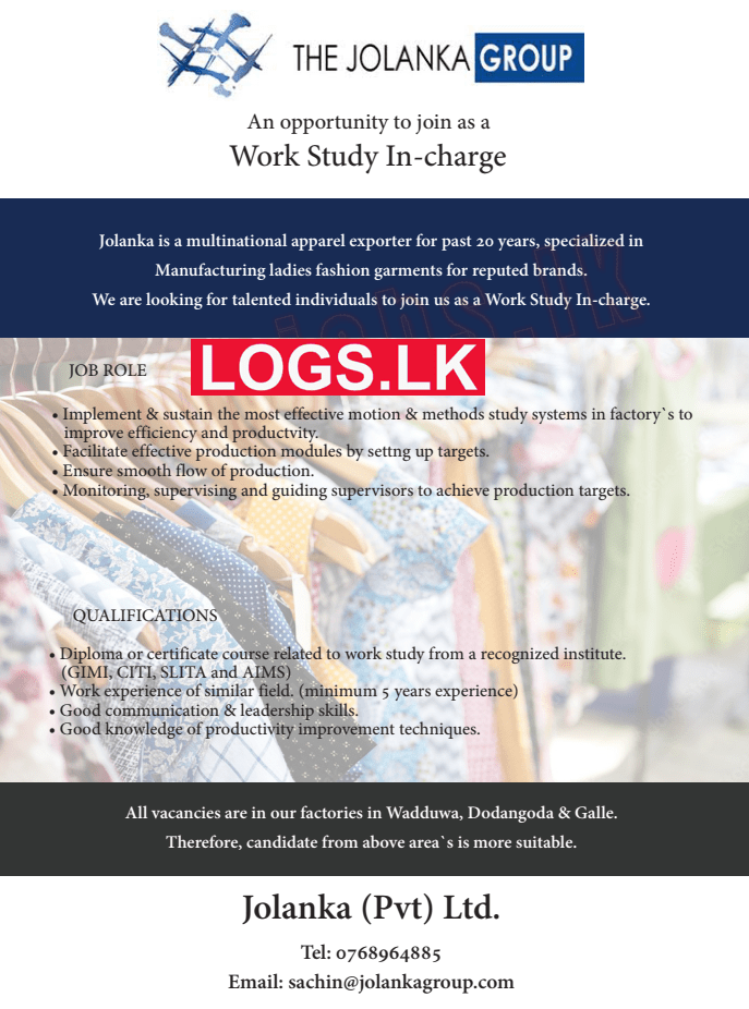 Work Study Incharge Job Vacancy at Jolanka (Pvt) Ltd Job Vacancies
